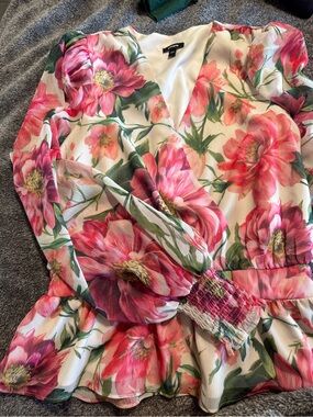 Express White Floral Wrap Top with Pink and Green Blooms